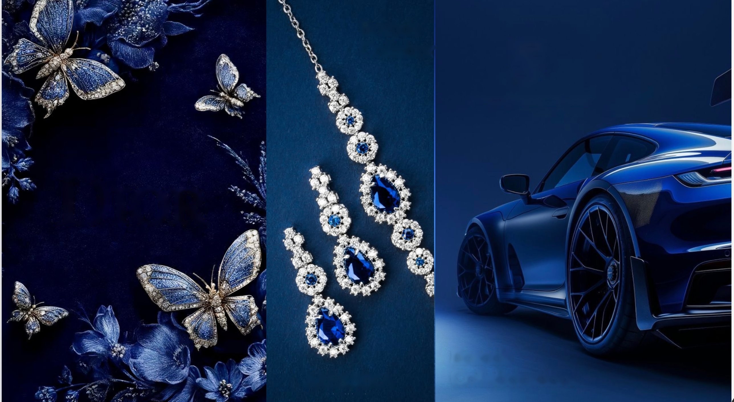 Papillons, collier saphirs et Porsche bleue